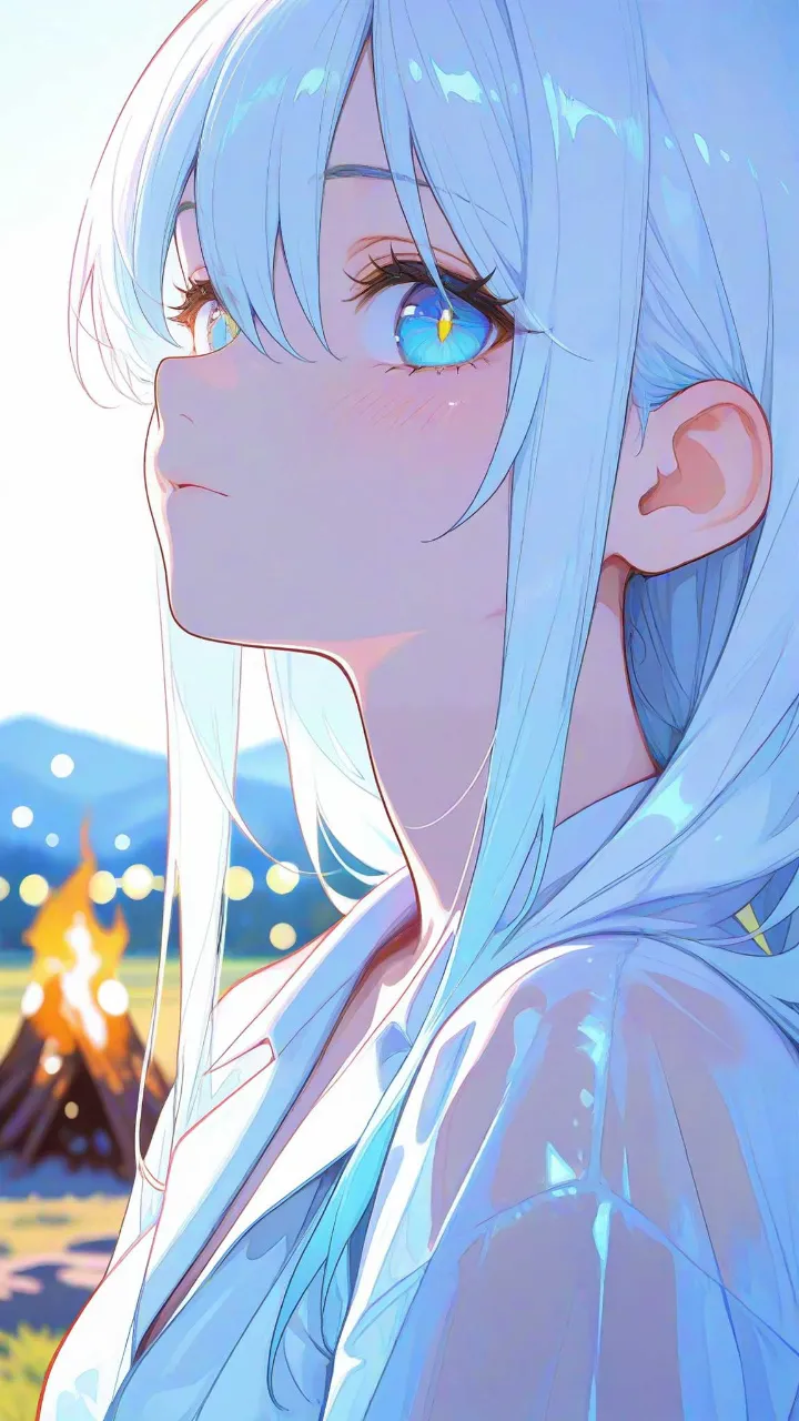 水色の星空キャンプ・黒髪ロングの少女
