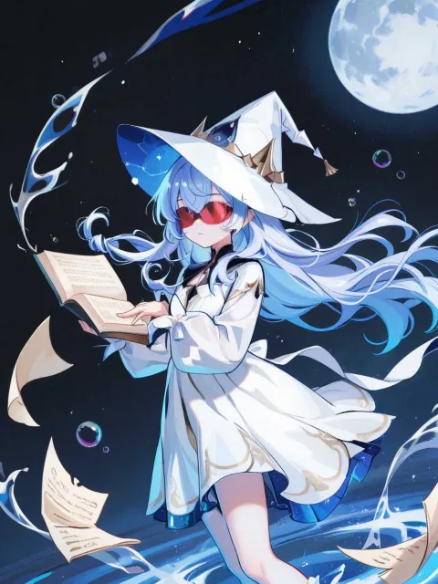 満月の下に座る魔女の少女、白い三角帽子と白いドレス