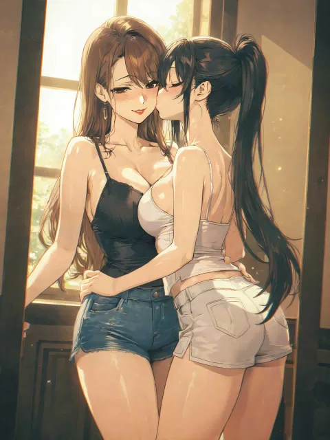 二人の女性について: 美しい大人女性が抱き合ってキスをしてい…