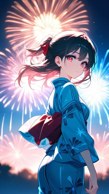 浴衣姿の女の子 背景は花火