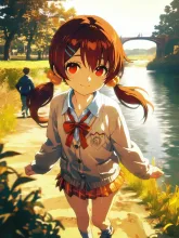 夕方の川縁で