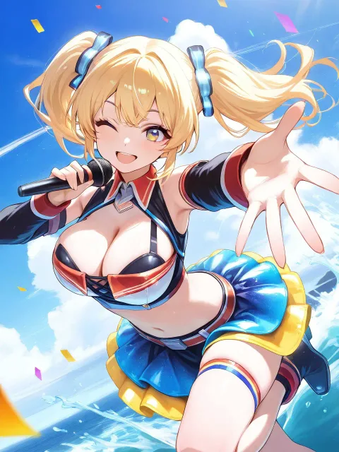 海上ライブステージ、ミニスカ衣装、チューブトップブラ