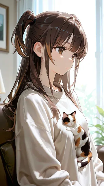 リビング 20歳の美女 茶色の長い髪、ツーサイドハーフアップ