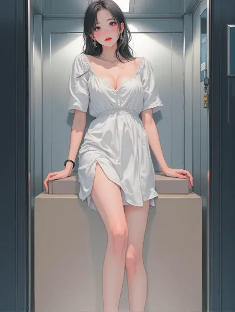 エレベーターの中に立つ同僚女性、誰もいない箱の中