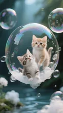 シャボン玉の中の子猫