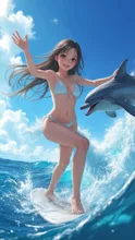 波乗り少女と🐬 — SUPP212414さんのAIイラスト