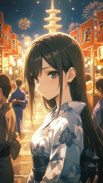 浴衣の美女、盆踊り、櫓と提灯、盆踊りの夜、優しい眼差し