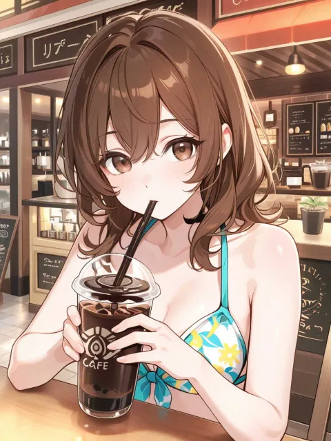 びーちカフェ、アイスコーヒー飲んでいるビキニ美女