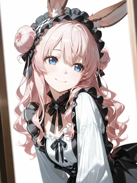 きちんとした服装、ピンクウェーブヘア、三色団子