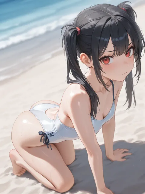 黒い髪、超小さい水着、あせだく、ひとつ結びのツインテール