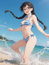 「穂蔵　灯子(ほのぐら　とうこ)」ストライプ水着を着る