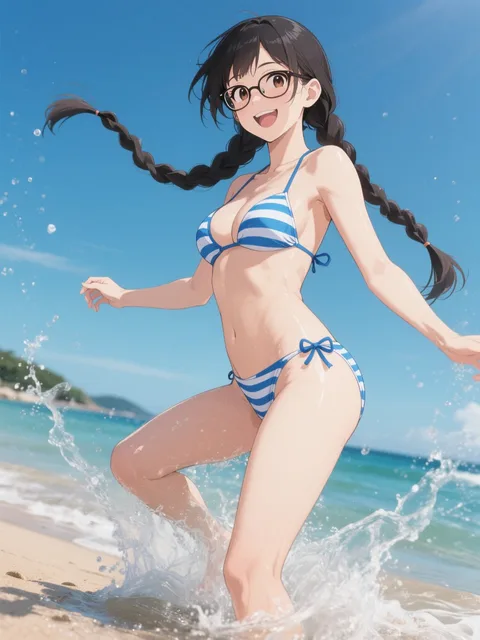 「穂蔵 灯子(ほのぐら とうこ)」ストライプ水着を着る