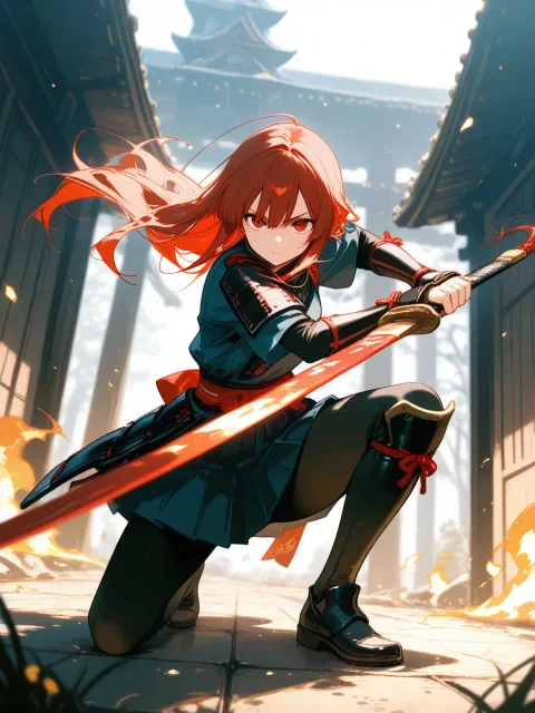光の剣を持った、紅髪の巫女 - 女剣士