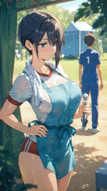 三角巾とエプロン姿と無地の体操着の成年女性がふたり