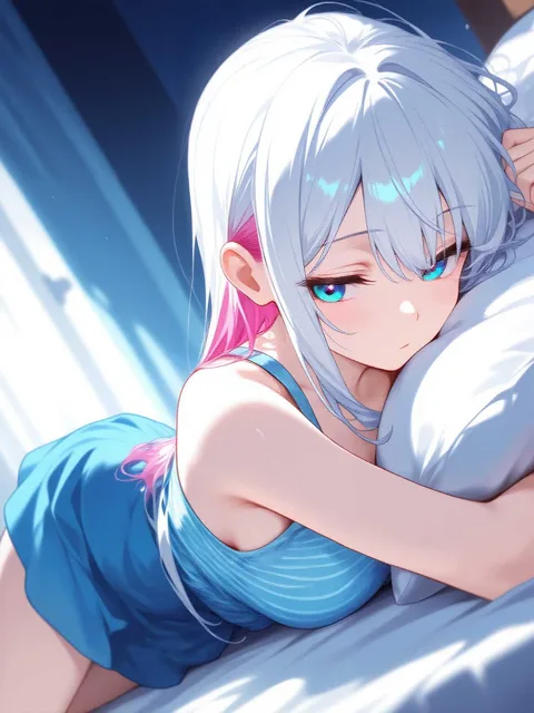 ベッドで女の子ずわりしてこちらを見る女の子
