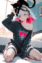 オーバーサイズのトレーナーで…パンク娘と黒ニャンコ…白 — たくりんさんのAIイラスト