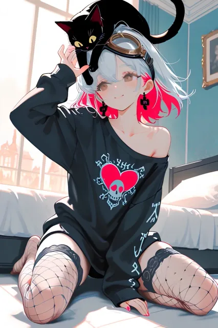 オーバーサイズのトレーナーで…パンク娘と黒ニャンコ…白