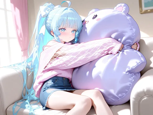大きめニットと大きめクッション水色ちゃん