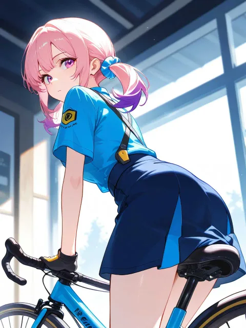 艶のあるツインテール車庫で自転車修理している姿服装、作業服