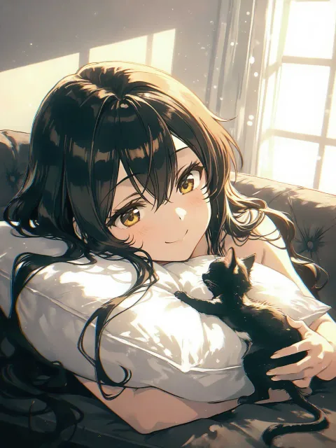 子猫と昼寝する成年女性、日だまりのソファ、栗色のウェーブヘア