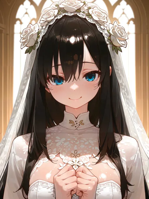 きちんとした服装、長いレースのベールをかぶった花嫁姿の少女