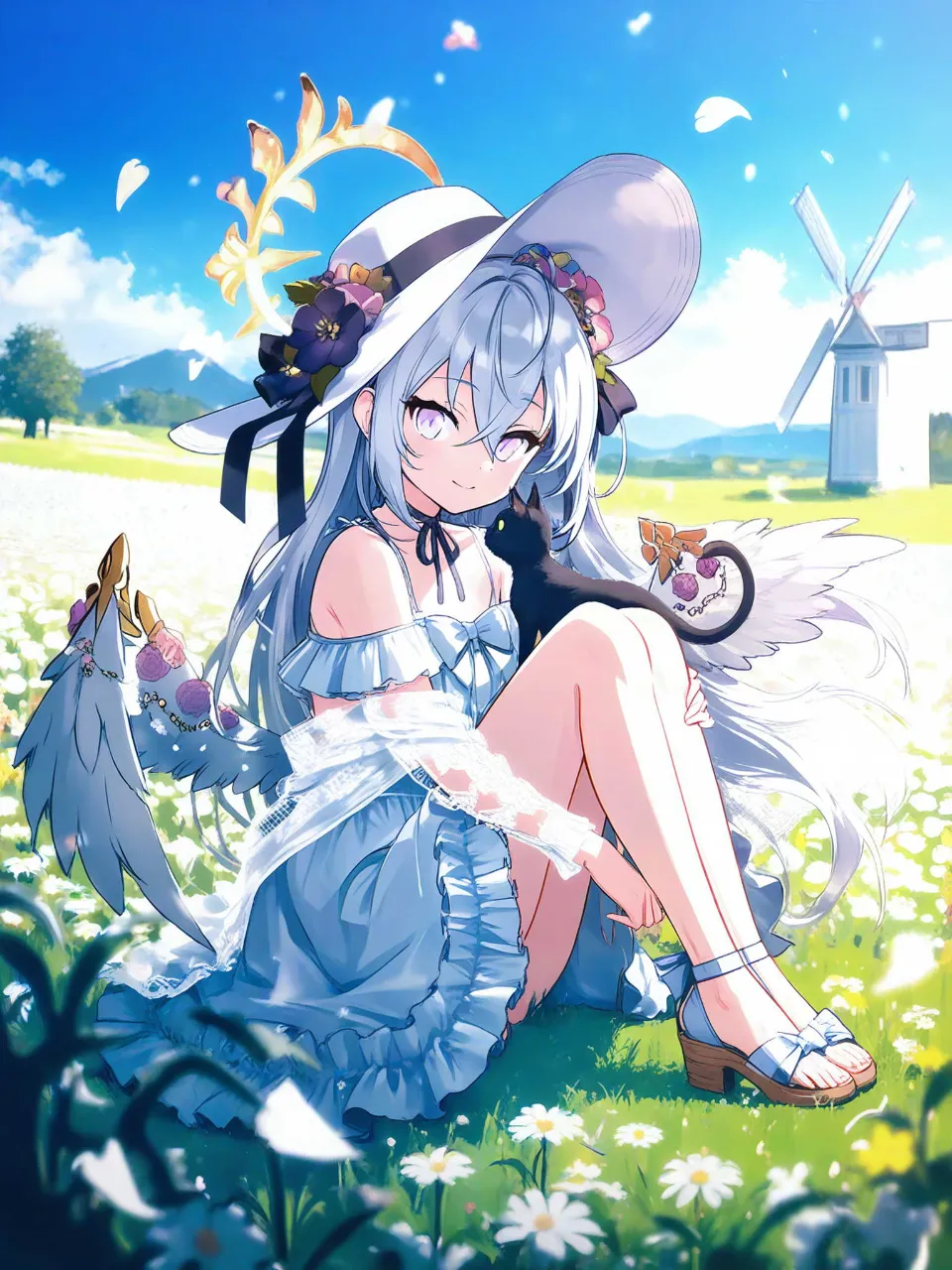 花畑と猫と初夏の空｜AIイラスト無料生成 - SUPPART