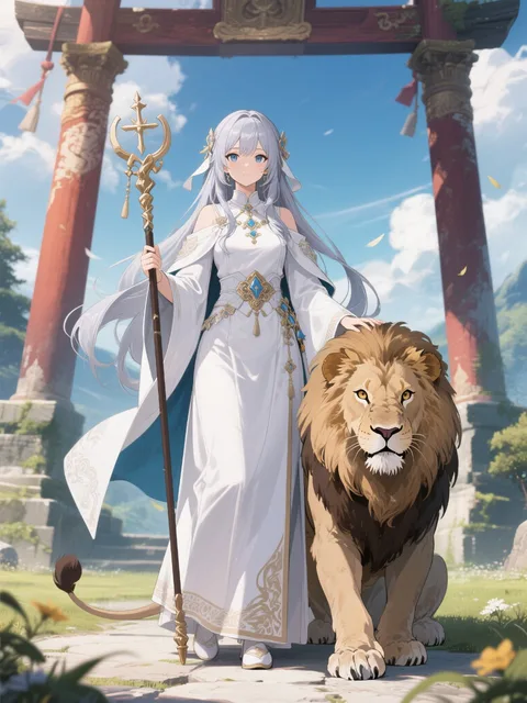 RPGの世界で、聖なる杖を持ち、白い衣を着た銀髪の麗しい巫女