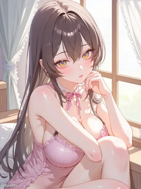 喉元で結んだ細いリボンの色っぽい成年女性、ほどけかけた結び目