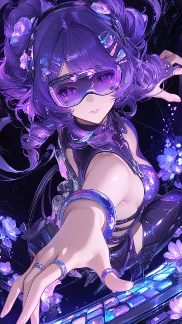未来的なVRゲーム空間、VRゴーグルをつけた女性、空中に浮かぶ巨大なゲームインターフェース、青と紫の光、SFアニメ映画の…