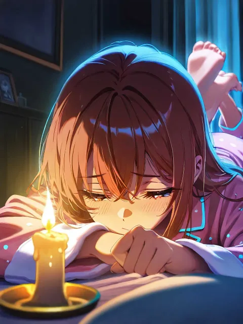 停電した暗い部屋、1本の蝋燭の灯り、薄い部屋着と素足の少女