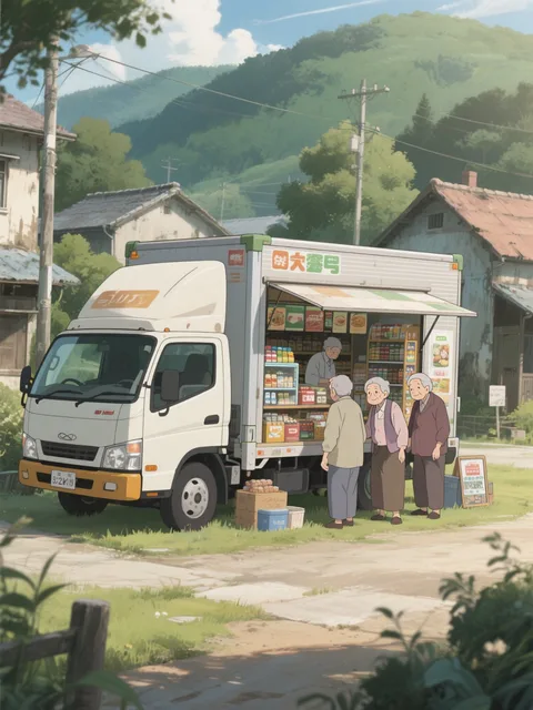 過疎化の村に来るコンビニトラック