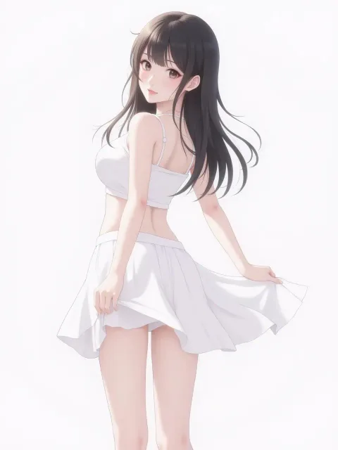 白いテニスウェアの色っぽい美少女、スカートが揺れる