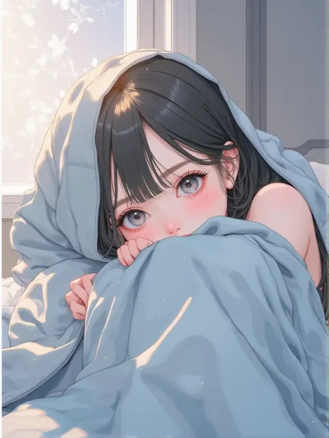厚い毛布を胸の上で両手で抱え込んだ女の子 - 毛布の中