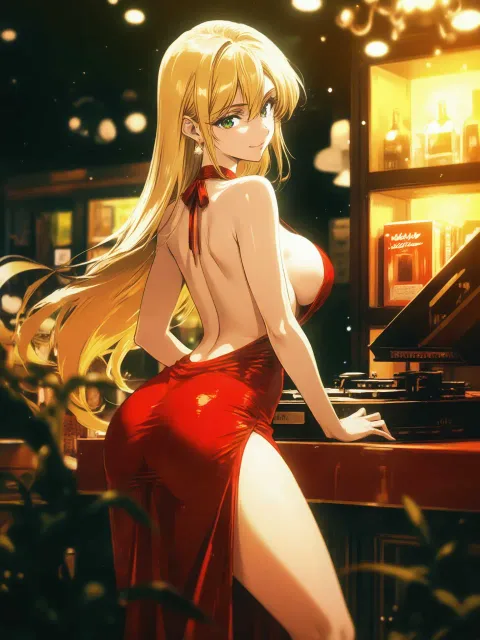 背中の大きく開いた赤いカクテルドレスを着た金髪巨乳美人