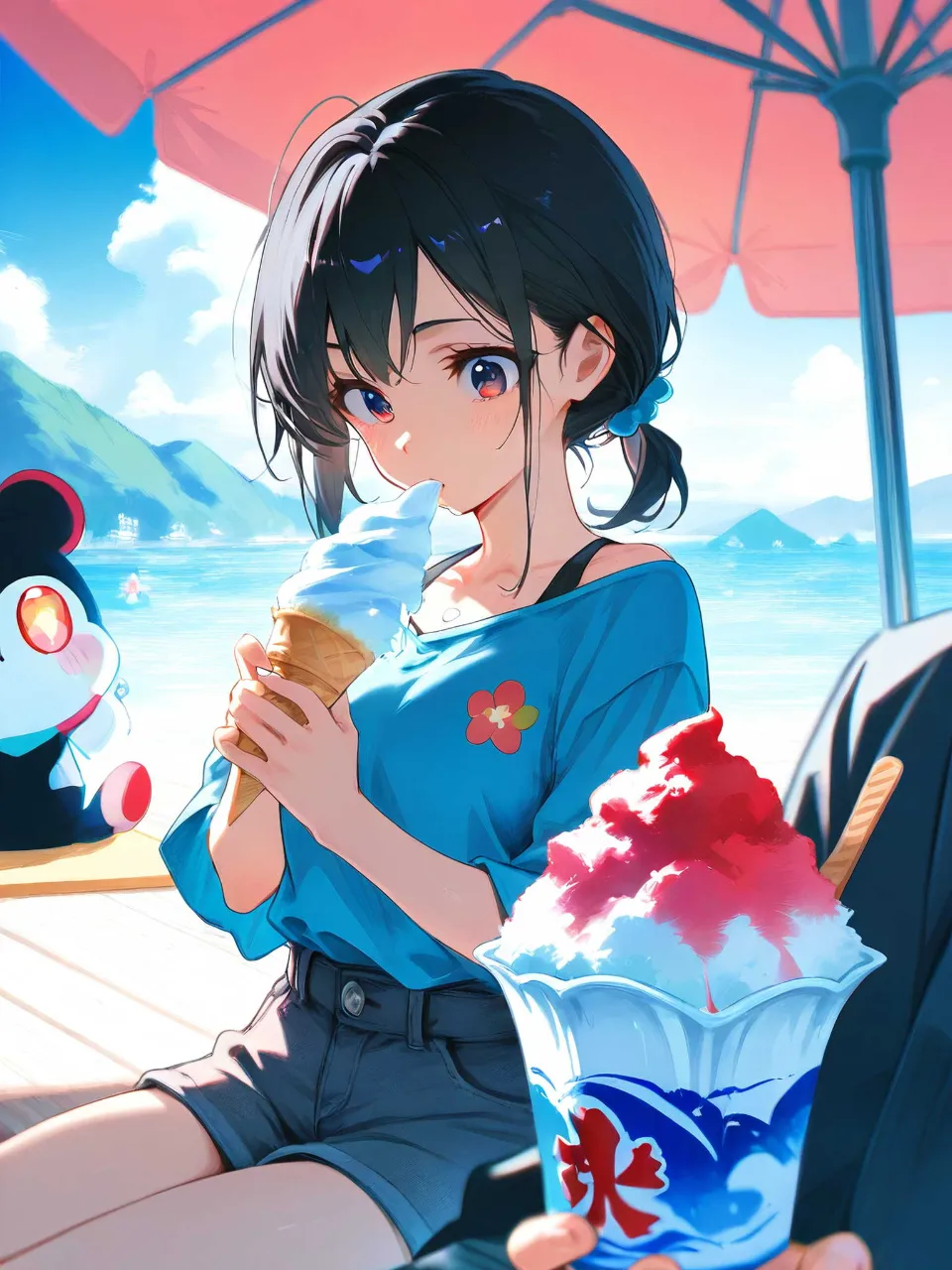 夏スイーツを食べる美女