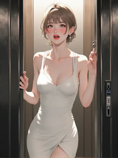 エレベーターの中に立つ同僚女性、誰もいない箱の中