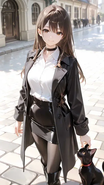 きちんとした服装、黒いロンコートを着た美女、茶色の瞳