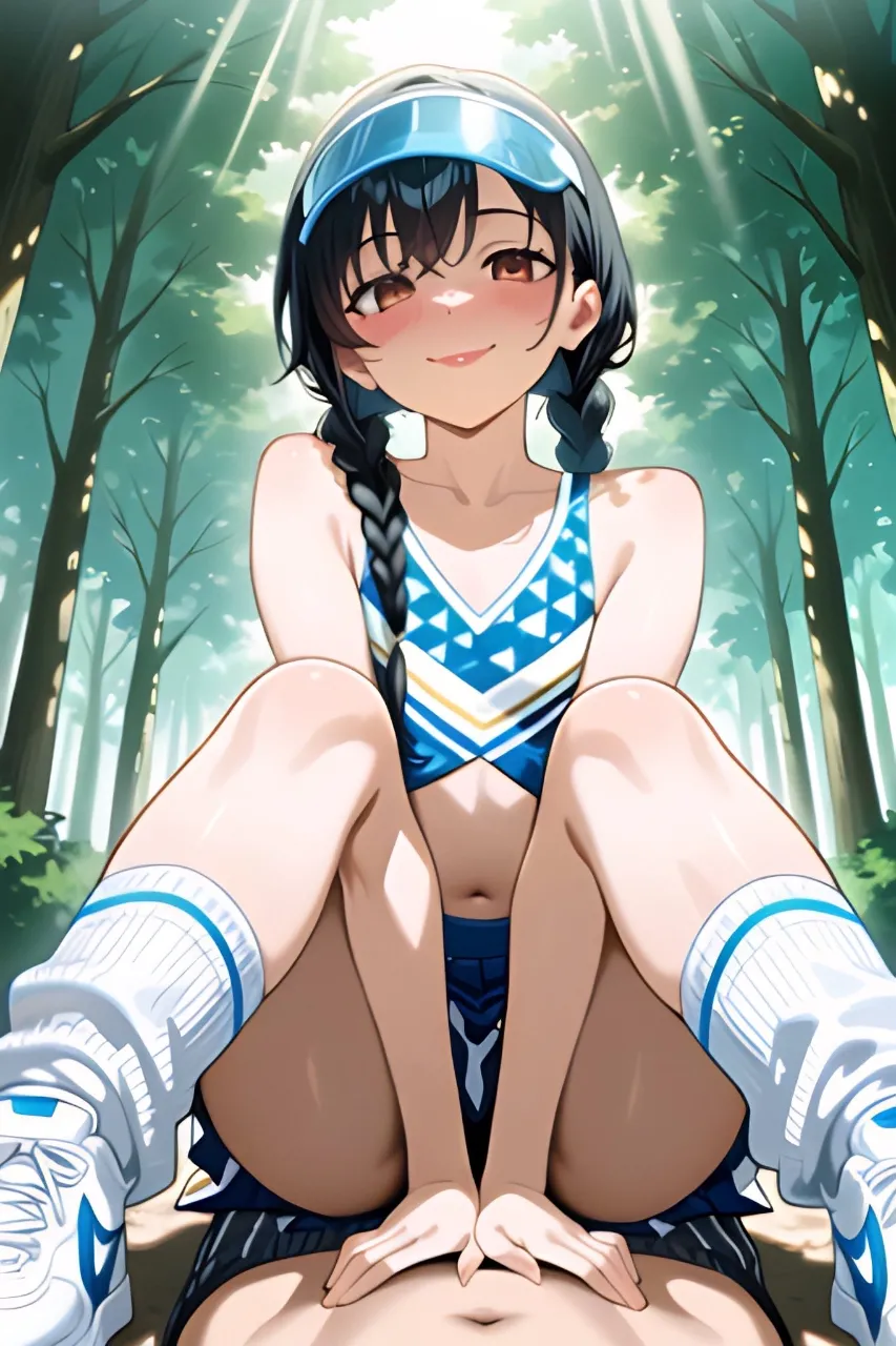 木陰で座る三つ編みチアガール…黒