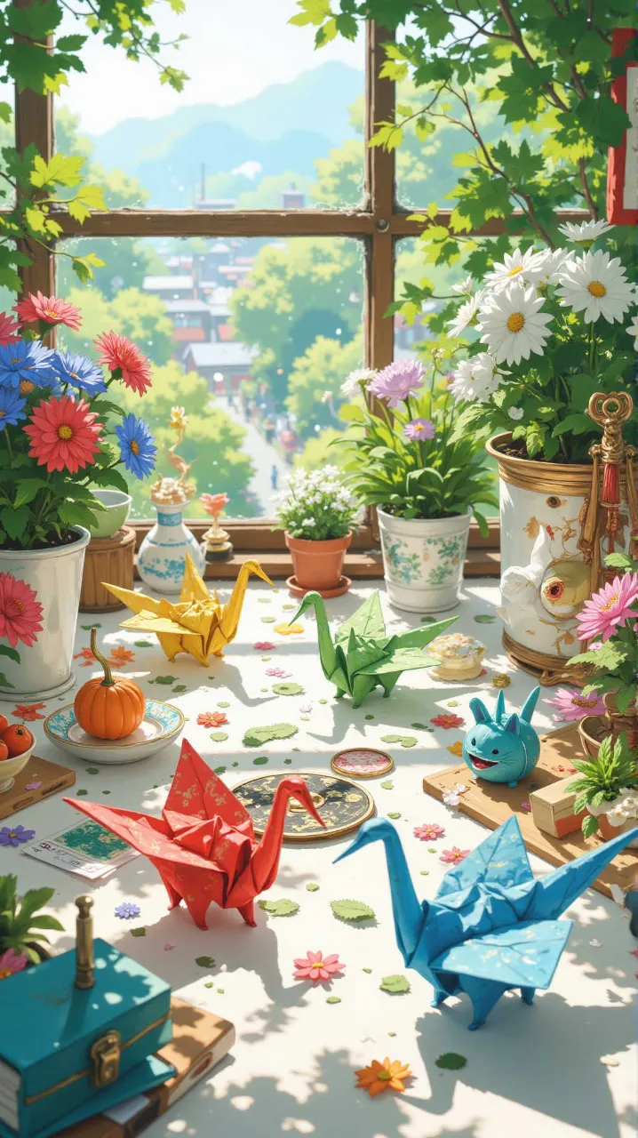 折り鶴と花