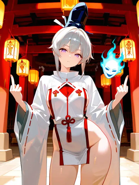 黒い立烏帽子をかぶり顎で紐を結んだ陰陽師の美少女、開けた胸