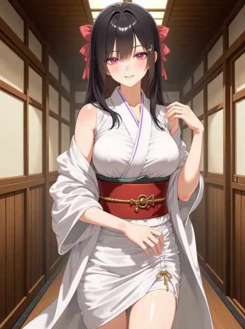 きちんと襟を合わせ帯を締めた袴姿の色っぽい成年女性、木の廊下