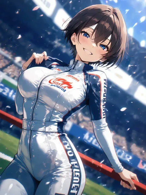 タイトなレーシングスーツのクールで色っぽい女性レーサーの女性