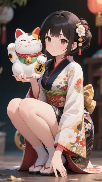 縁起物の招き猫、女の子がしゃがんで猫手、現代的な和風スタイル