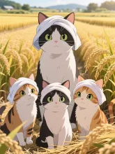 稲刈りにゃん🐱🐱🐱🐱
