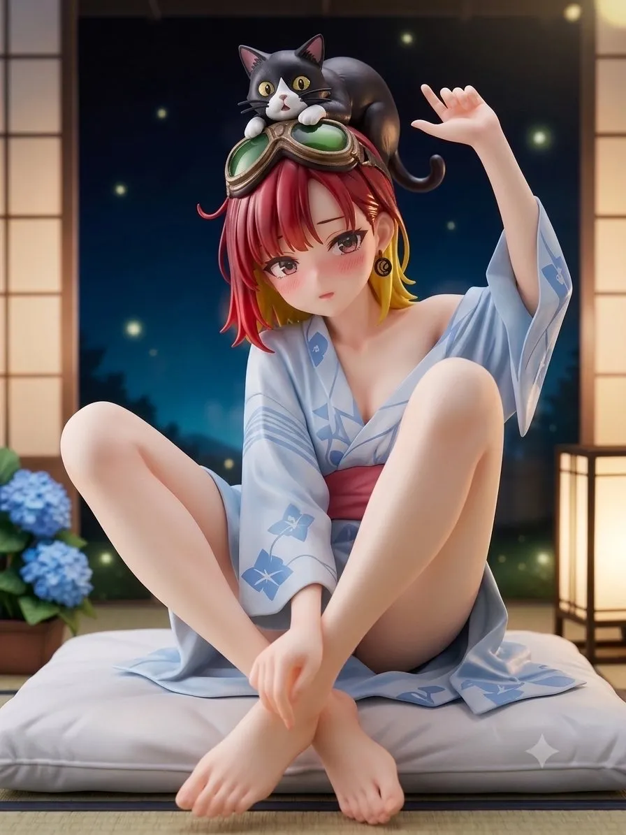寝苦しい夜に浴衣ですわ…パンク娘と黒ニャンコ…フィギュア…赤