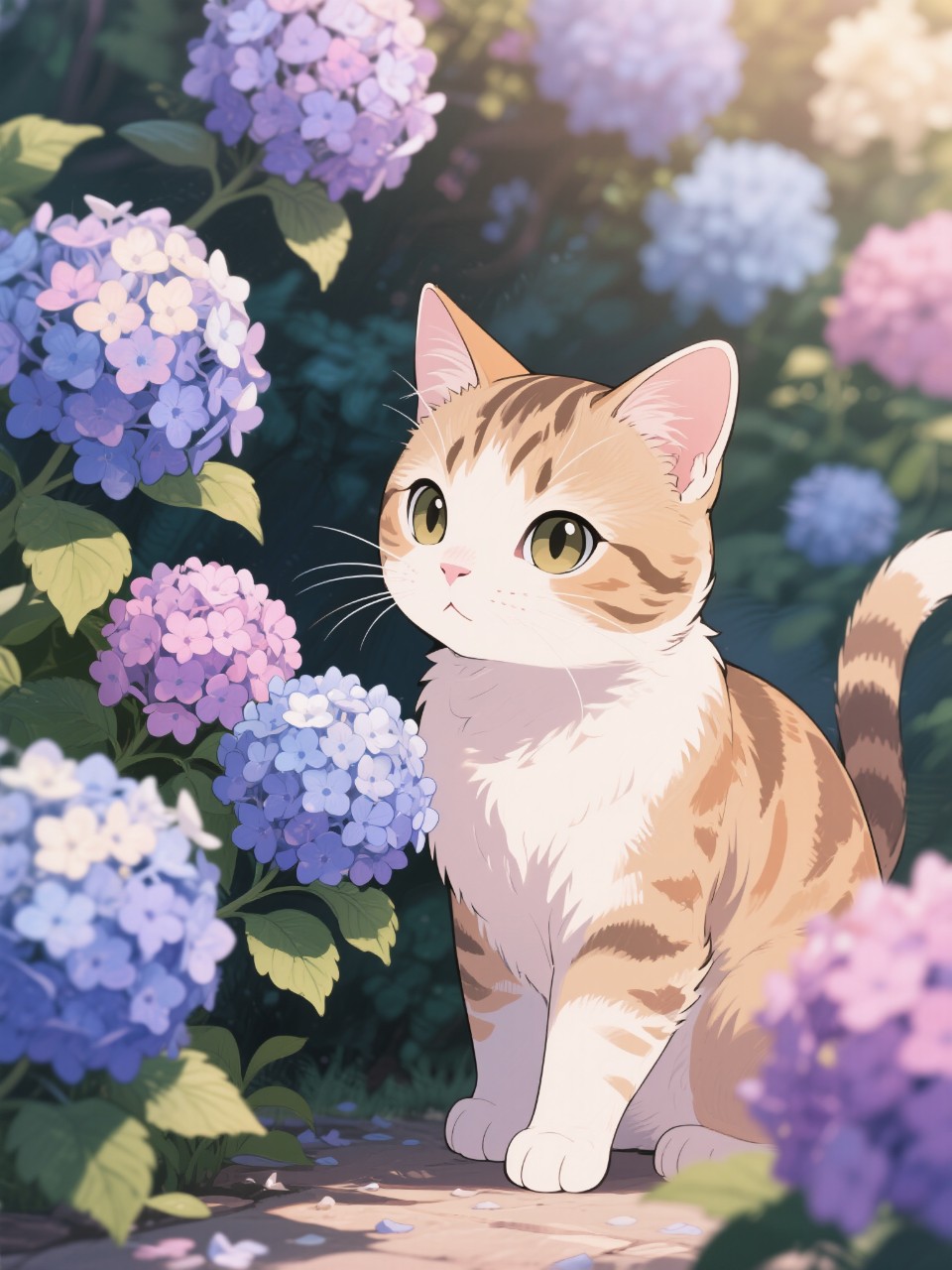 あじさいを眺める猫 — neko(⁠｡⁠･⁠ω⁠･⁠｡⁠)⁠ﾉ⁠さんのAIイラスト