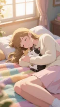 子猫と眠る優しい女性