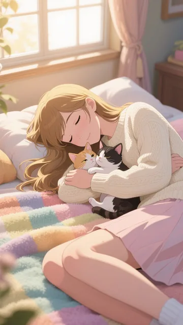 子猫と眠る優しい女性
