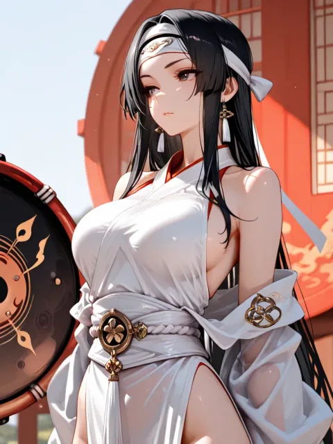 太鼓打前の黒髪美女