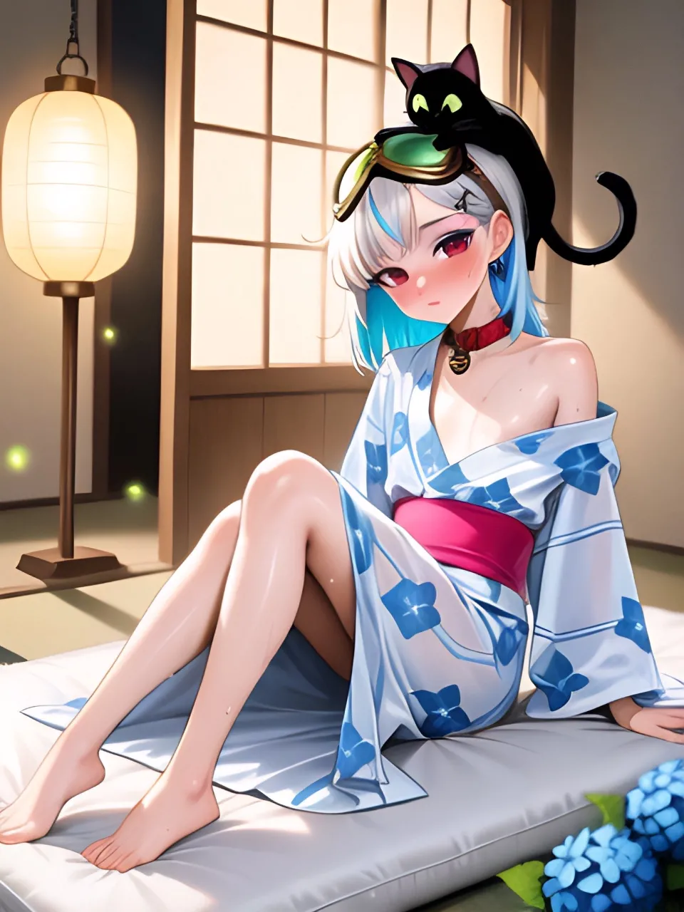 寝苦しい夜に浴衣ですわ…パンク娘と黒ニャンコ…銀